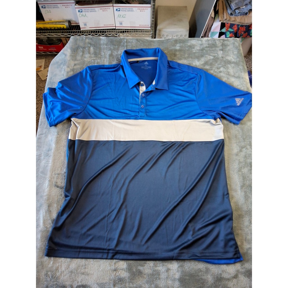Adidas Mens XL Colorblock Golf Polo Shirt Blue‎ White Navy Performance